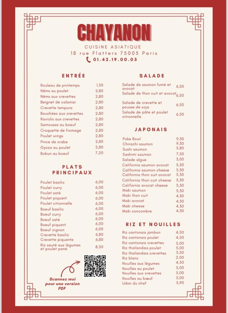 Chayanon Paris 5 - restaurants - Scan Menu 1