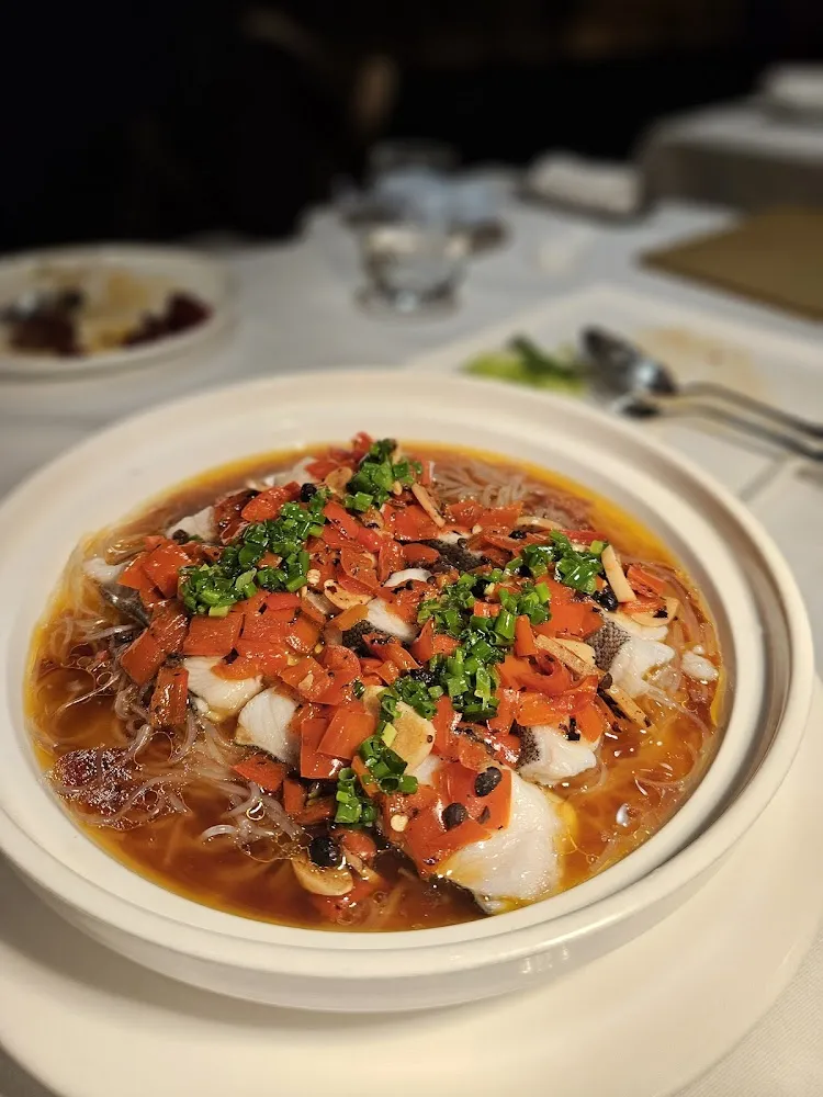 Poached Turbot Fillet with Preserved Xue Cai Vegetable in Fish Broth