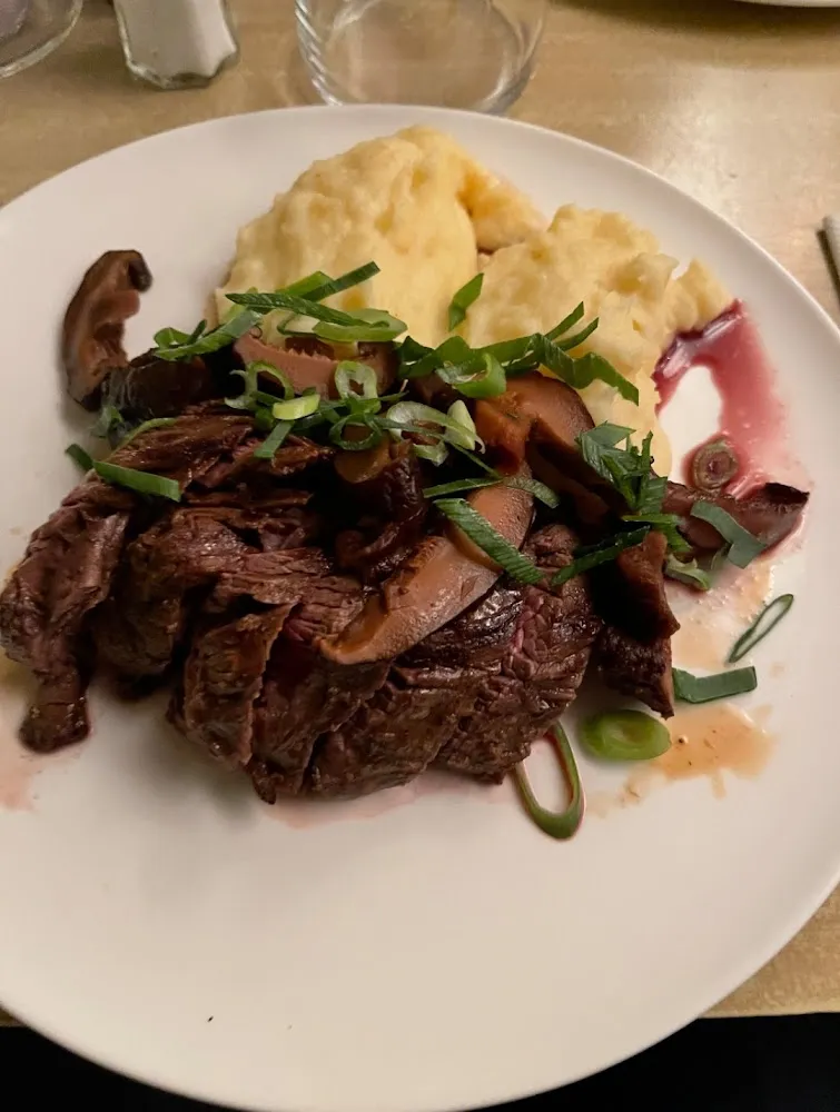 Grilled Flak Steak Drunken Dragon Pureé & Pickled Shiitake